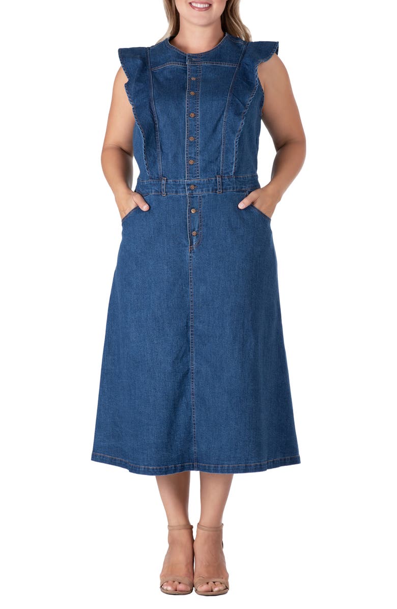Standards & Practices Ruffle Sleeveless Denim Dress, Alternate, color, Dark Blue
