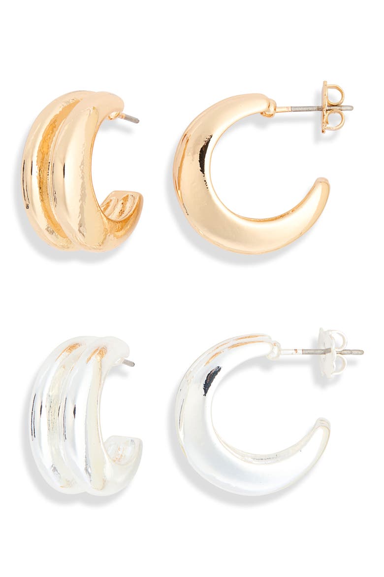 Set of 2 Ridged Hoop Earrings, Main, color, GOLD- SILVER