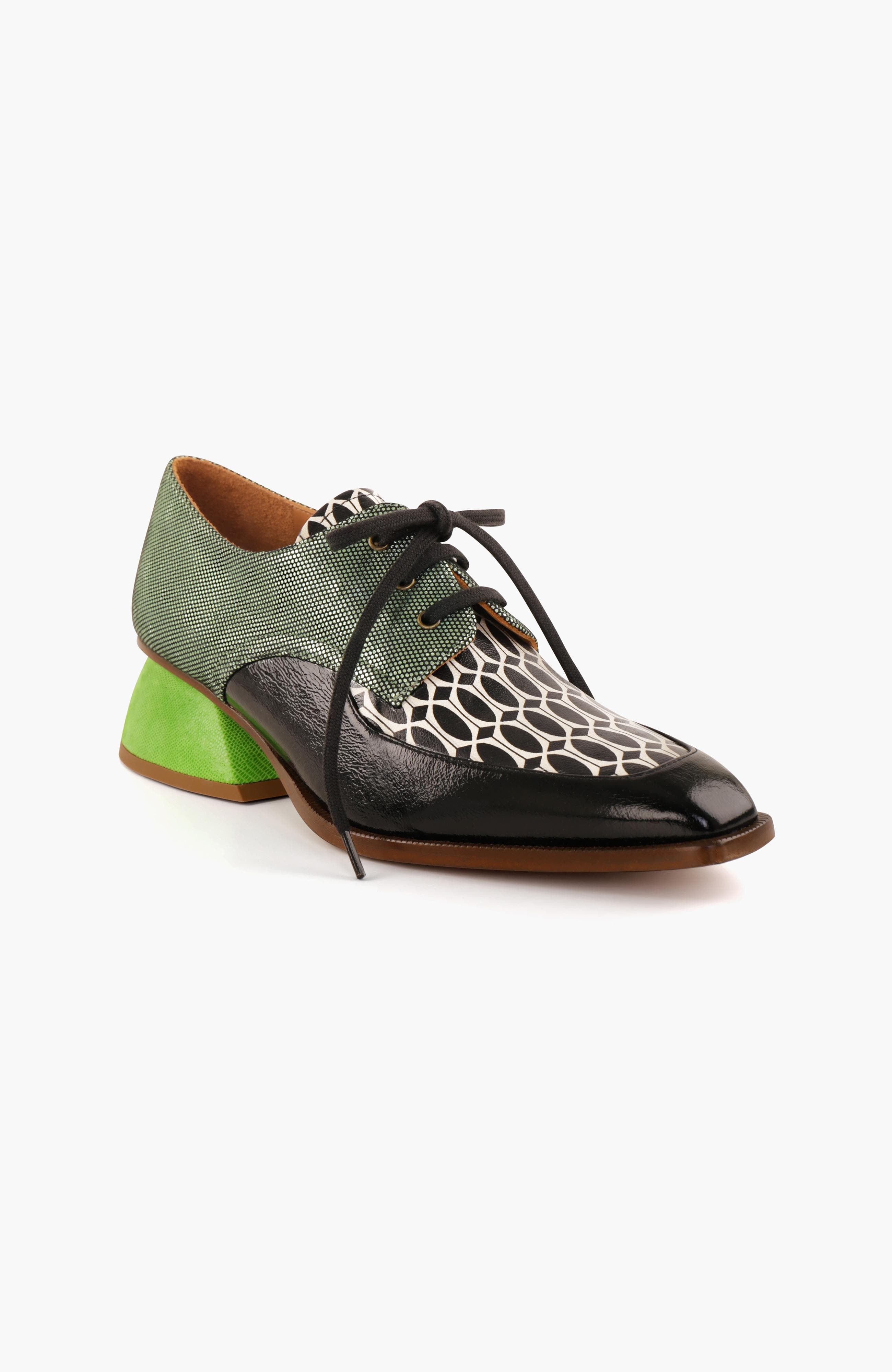 Geometric Print Patent Leather Lace-Up Pump, Alternate, color, Black and green