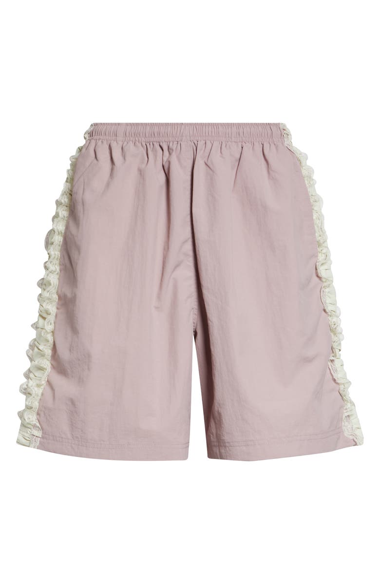 Tanner Fletcher Gender Inclusive Wilbur Ruched Lace Stripe Track Shorts, Alternate, color, Pink