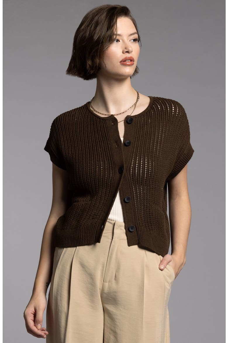 Violette Short Sleeve Linen & Cotton Cardigan, Alternate, color, BLACK BROWN
