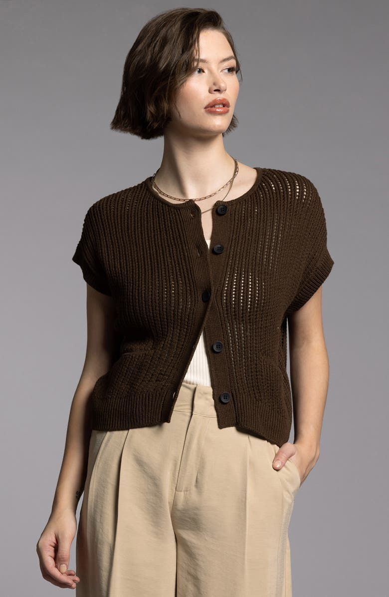 WEEKEND LOS ANGELES Violette Short Sleeve Linen & Cotton Cardigan, Alternate, color, Black Brown