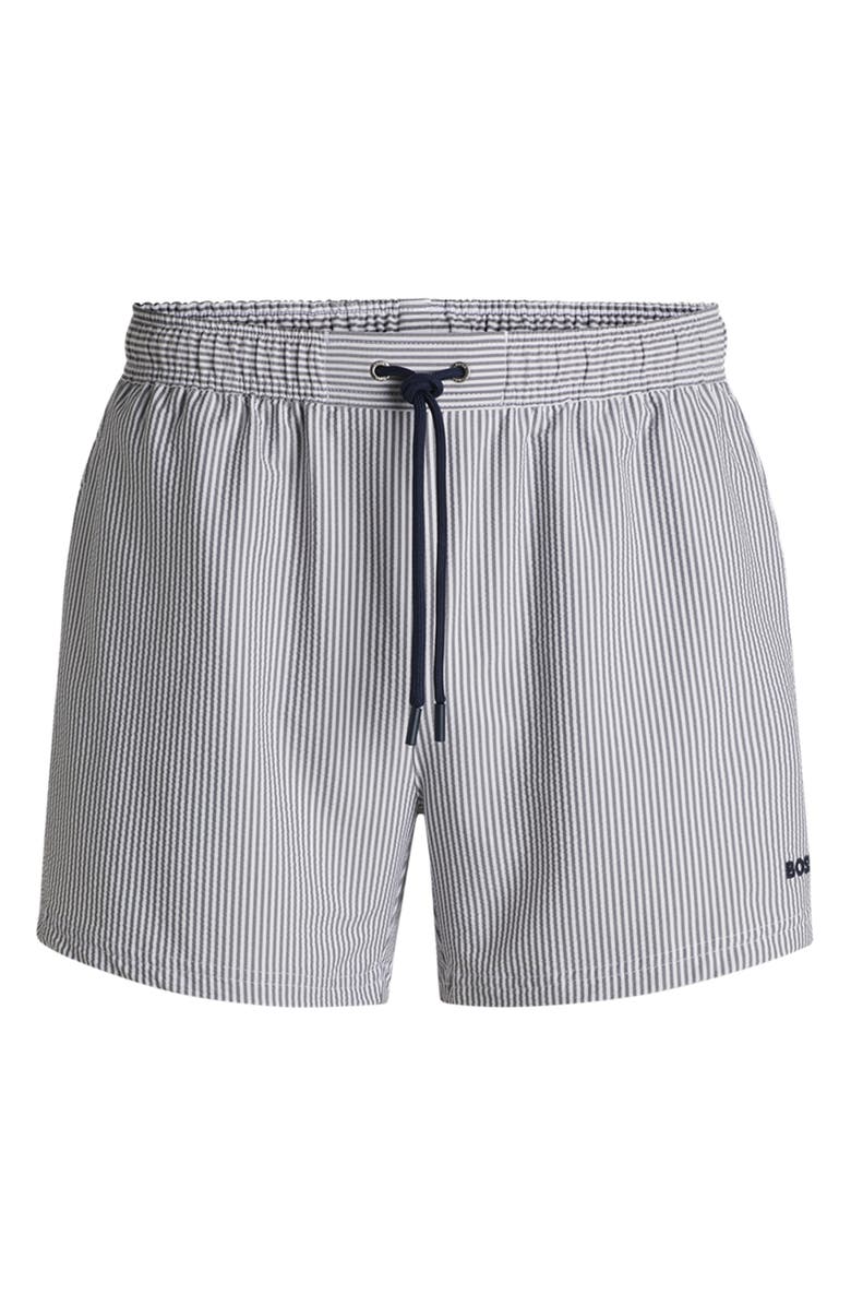BOSS Velvetfish Stripe Seersucker Swim Trunks, Alternate, color, 