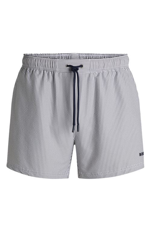 Hugo Boss Swim Shorts In Striped Seersucker Fabric In Blue