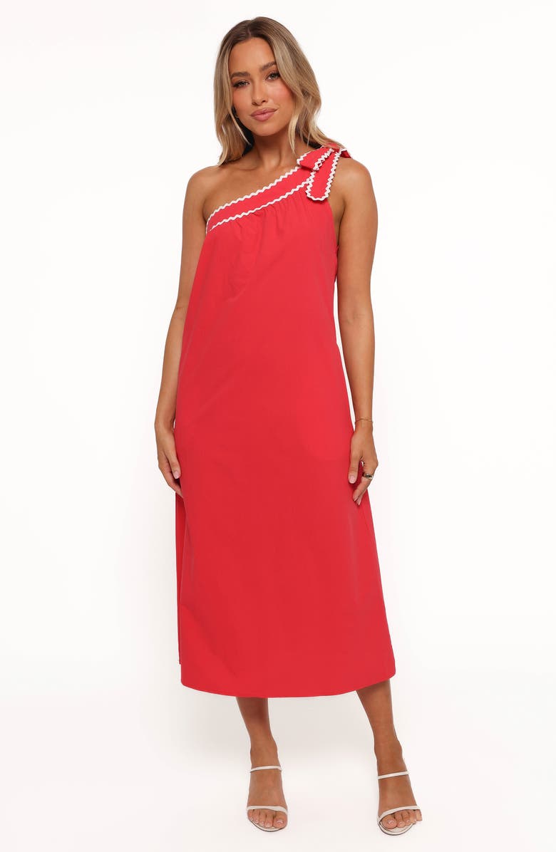 Petal & Pup Brynlee Rickrack Trim One-Shoulder Cotton Midi Dress, Alternate, color, Red/ White