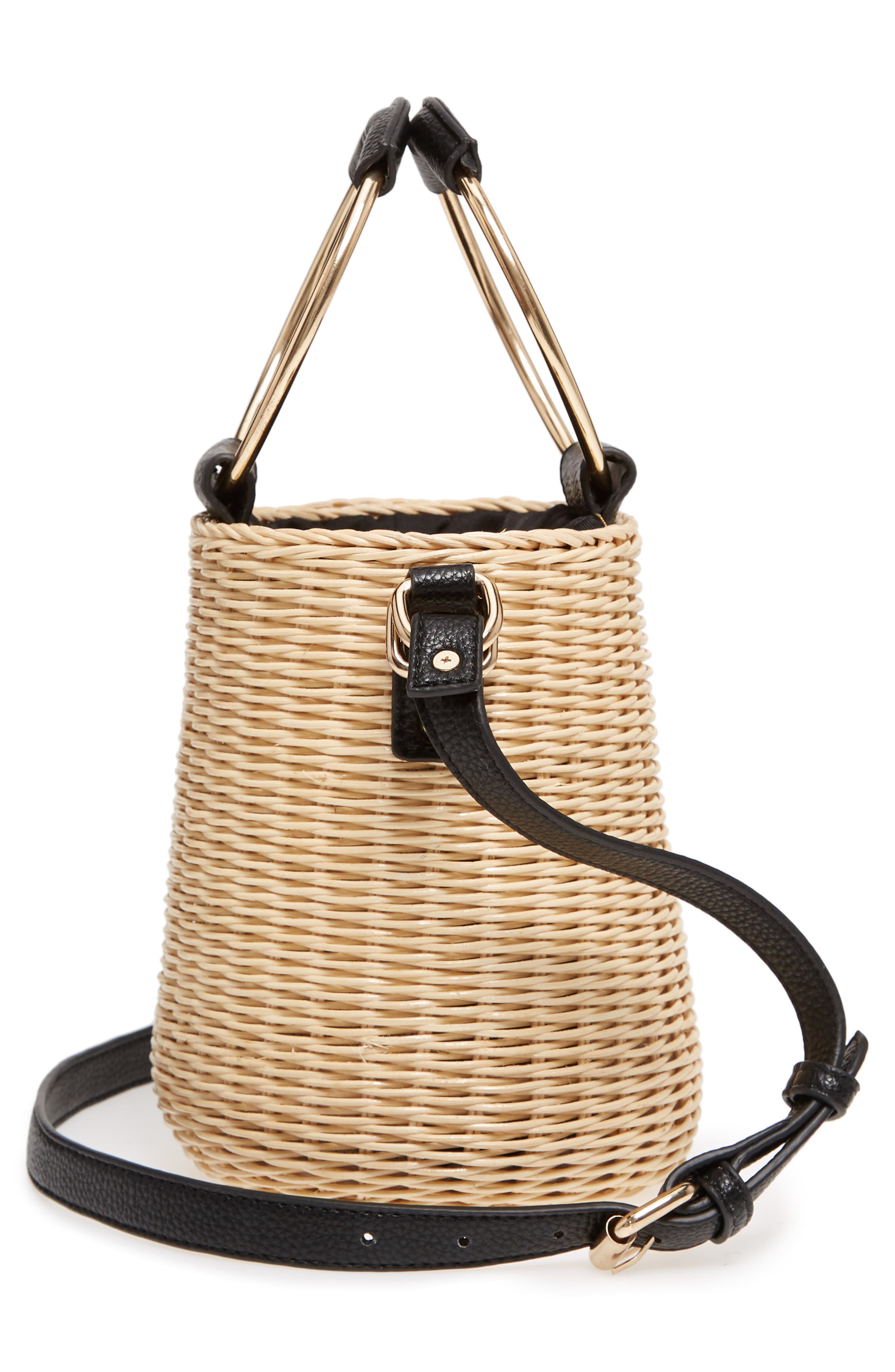 Metal Handle Straw Bucket Bag, Alternate, color, BEIGE/ BLACK
