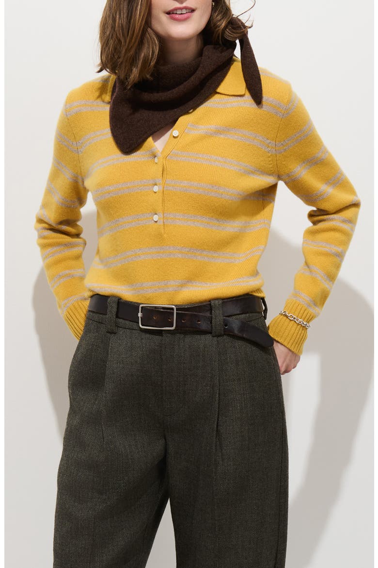 Park Cashmere Striped Polo Sweater, Main, color, OATMEAL / BEESWAX