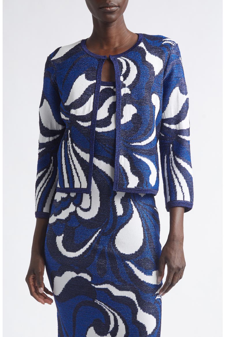 Nancy Midcentury Scroll Jacquard Knit Jacket, Main, color, MIDNIGHT/ COBALT METALLIC