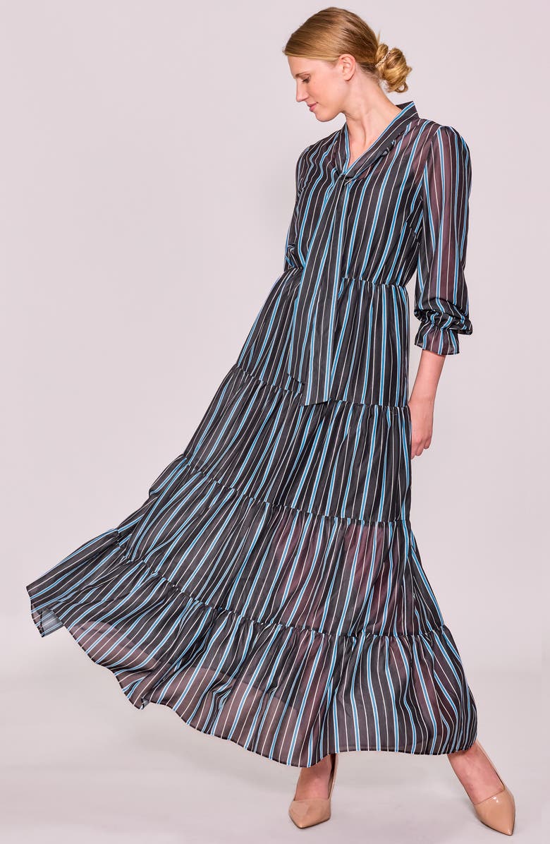 MELLODAY Stripe Bow Tiered Maxi Dress, Alternate, color, Brown Blue