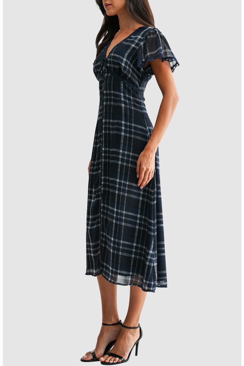 Plaid Flutter Sleeve Fit and Flare Midi Dress, Alternate, color, NAVY IVORY PLAID
