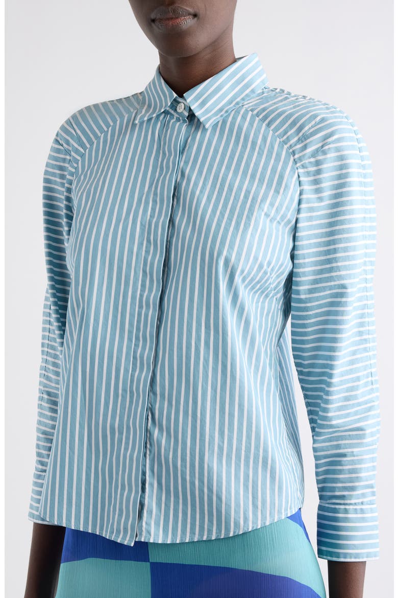 Clavinia Chalk Stripe Cotton Poplin Button-Up Shirt, Alternate, color, AQUA