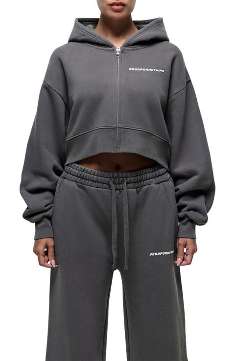 Vintage Grey Crop Zip Hoodie