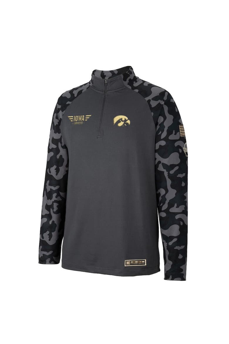 Men's Colosseum Charcoal Iowa Hawkeyes OHT Military Appreciation Long Range Raglan Quarter-Zip Jacket, Alternate, color, Charcoal