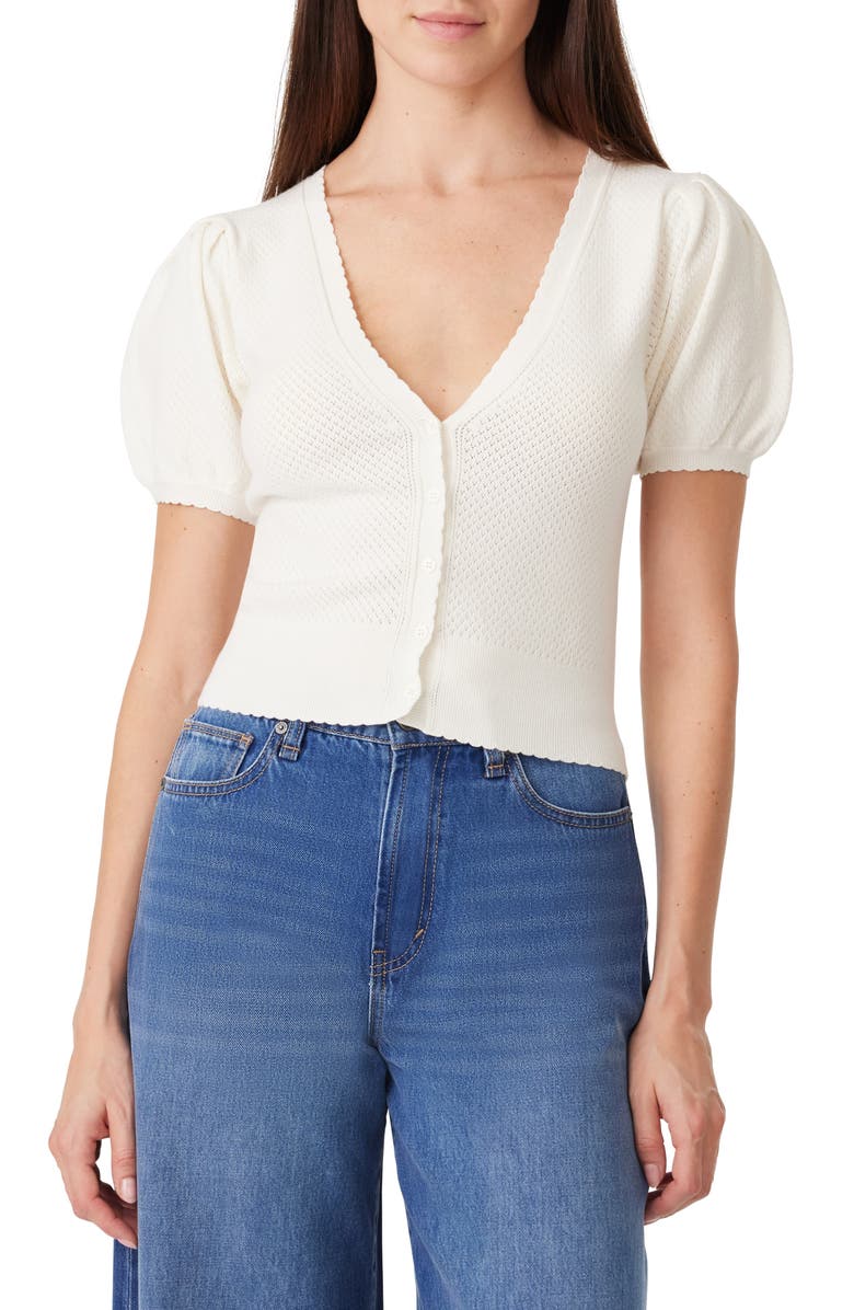 Habitual Pointelle Puff Sleeve Cardigan, Main, color, White