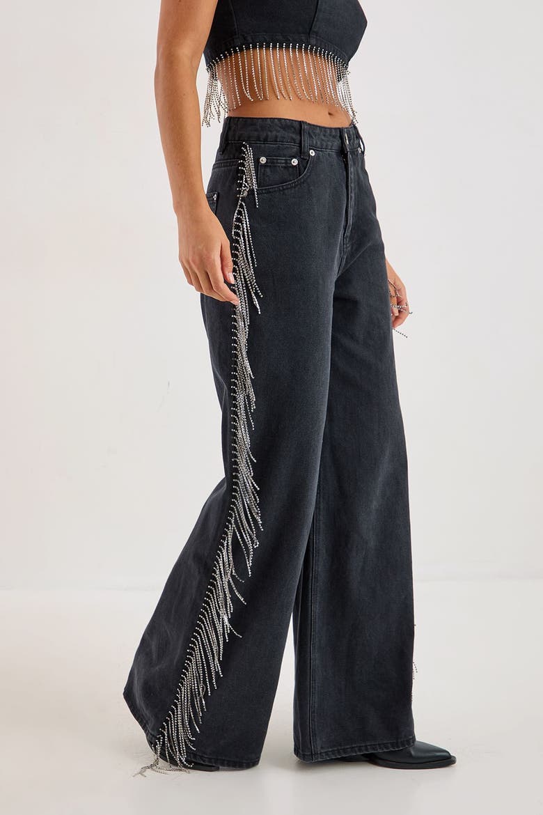 Denim Diamonte Tassel Straight Leg Jeans, Main, color, Washed Black