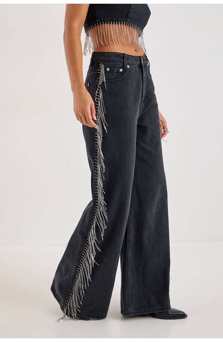 NASTY GAL Denim Diamonte Tassel Straight Leg Jeans, Main, color, Washed Black