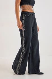 NASTY GAL Denim Diamonte Tassel Straight Leg Jeans