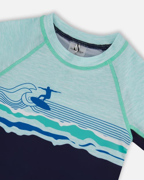 Deux Par Deux Little Boy's Long Sleeve Rashguard Navy Blue And Turquoise In Navy Blue And Turquoise