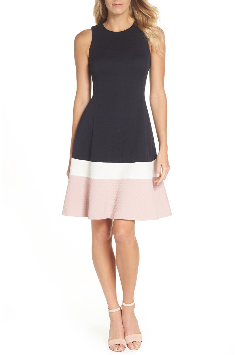 Colorblock Texture Knit Fit & Flare Dress, Main, color, NAVY/ IVORY/ BLUSH