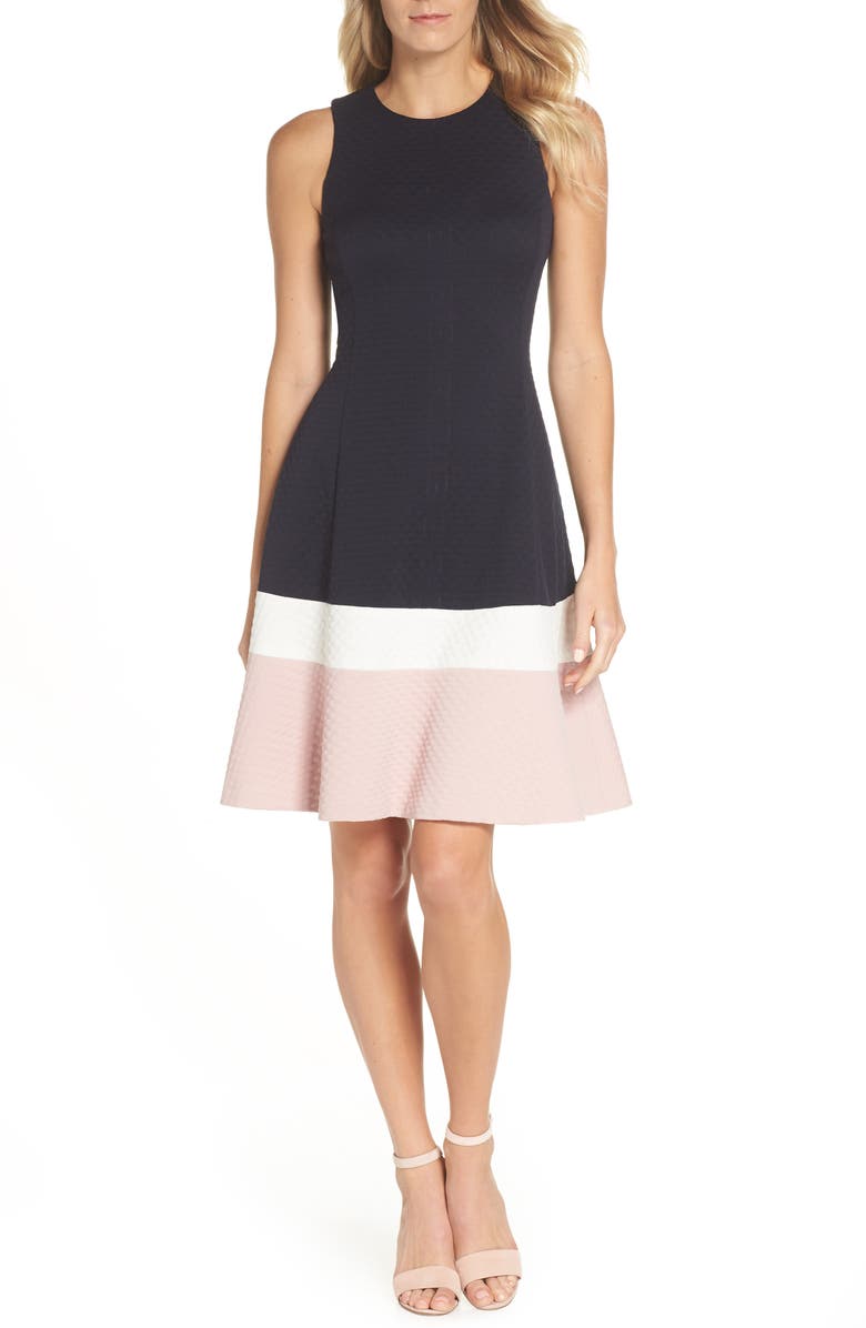 Eliza J Colorblock Texture Knit Fit & Flare Dress, Main, color,