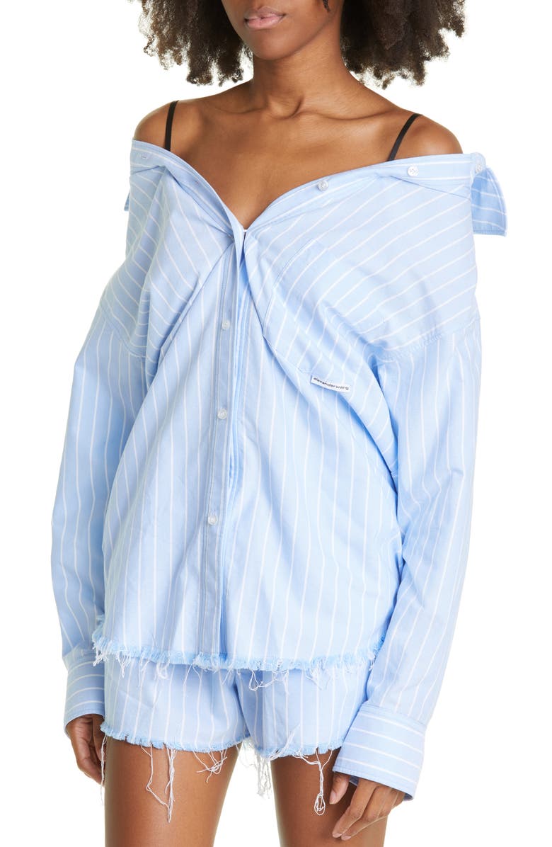 Alexander Wang Charm Bra Strap Stripe Cotton Button-Up Shirt, Alternate, color,