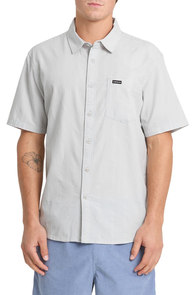 Quiksilver Dobby Stripe Classic Short Sleeve Cotton Button-Up Shirt, Main, color, Micro Chip