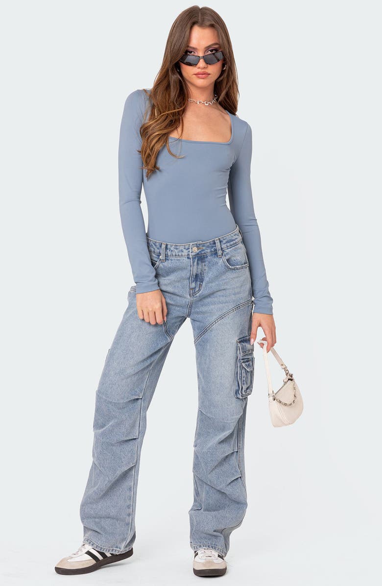EDIKTED Joanna Square Neck Long Sleeve Bodysuit, Alternate, color, Light-Blue