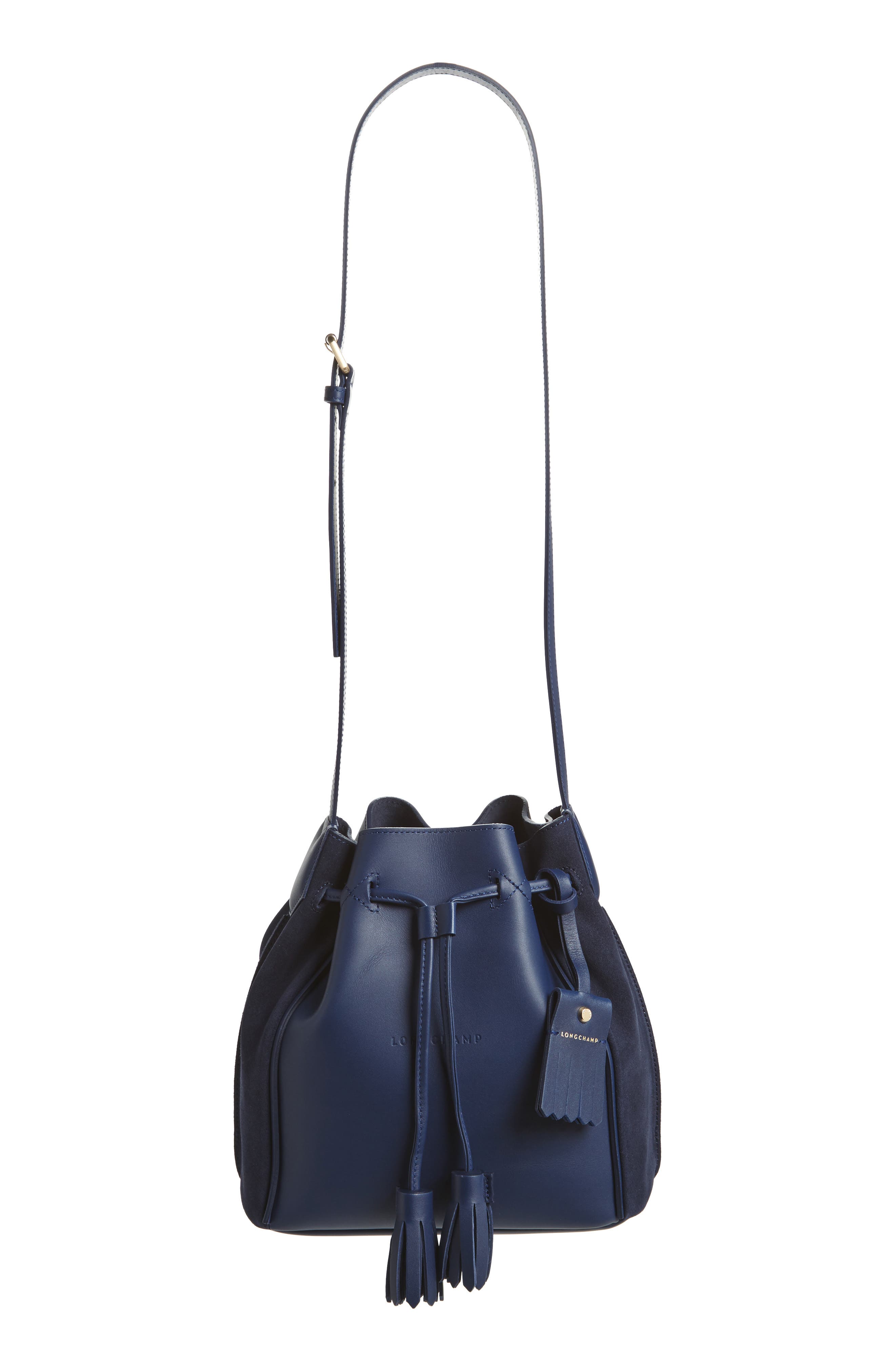 Penelope Fantasie Leather Bucket Bag, Main, color, BLUE