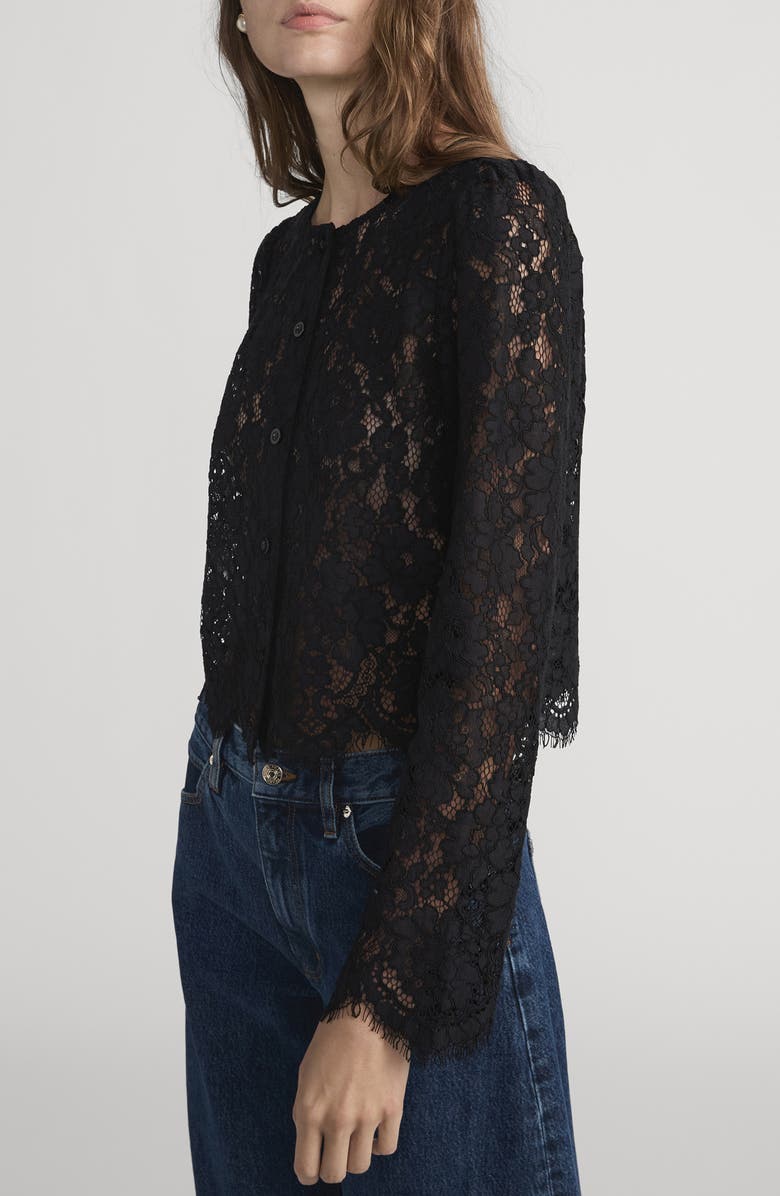 FRAME Sheer Crop Organic Cotton Blend Eyelash Lace Button-Up Shirt, Alternate, color, Black