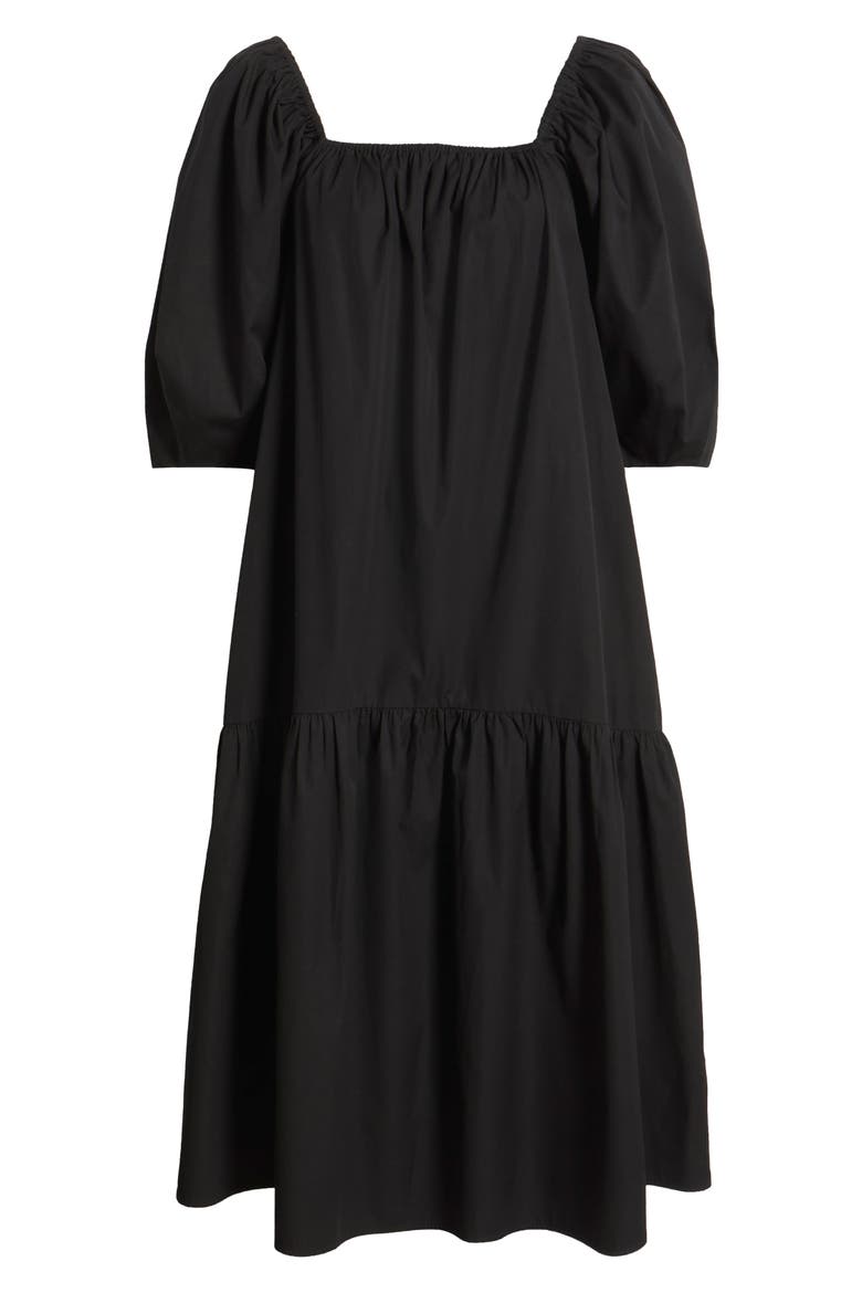 Square Neck Puff Sleeve Cotton Midi Dress, Alternate, color, BLACK