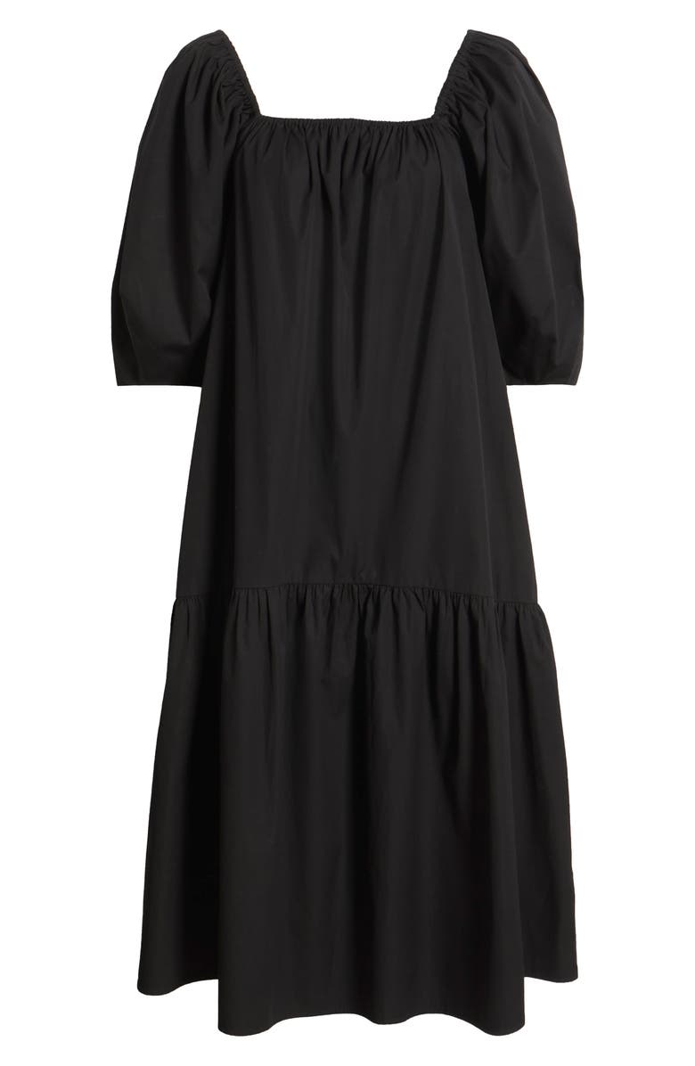 Nordstrom Square Neck Puff Sleeve Cotton Midi Dress, Alternate, color, Black