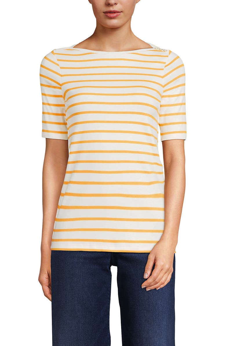 Lands' End Supima Cotton Elbow Sleeve Boatneck Button Shoulder Tee, Alternate, color, White