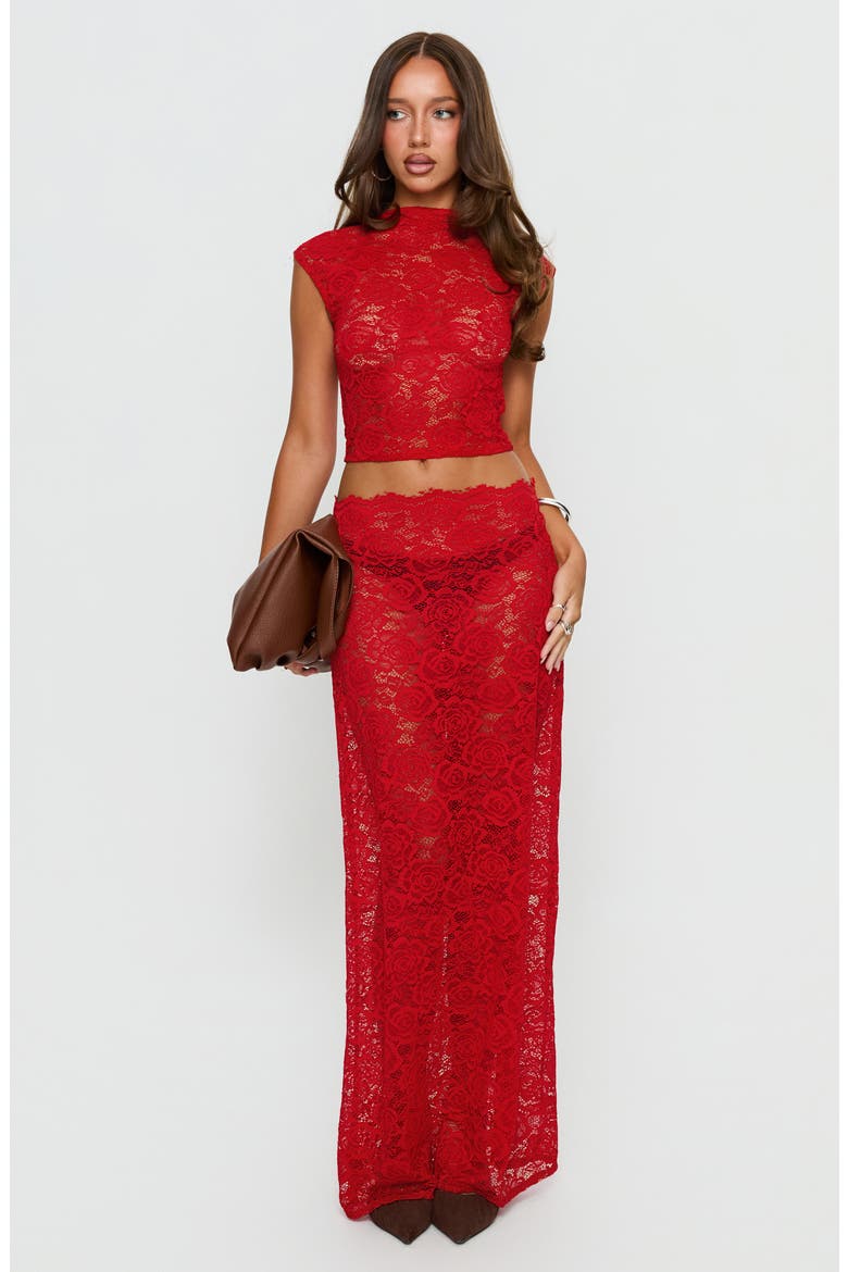 Vionna Sheer Floral Lace Maxi Skirt, Alternate, color, RED