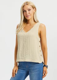 Betabrand Drift Button Sleeveless Top Linenette