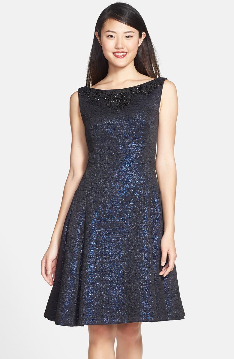 Maggy London Embellished Metallic Brocade Fit & Flare Dress, Main, color,