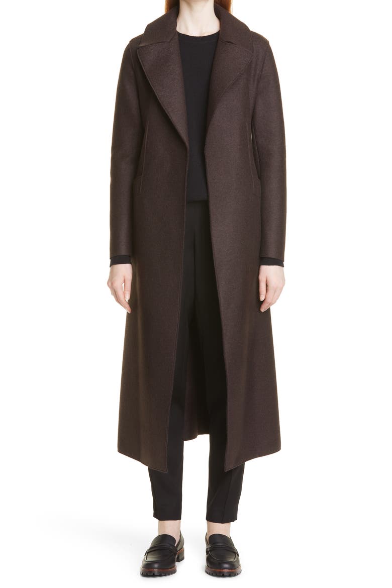 Long Pressed Wool Wrap Coat, Main, color, DARK BROWN
