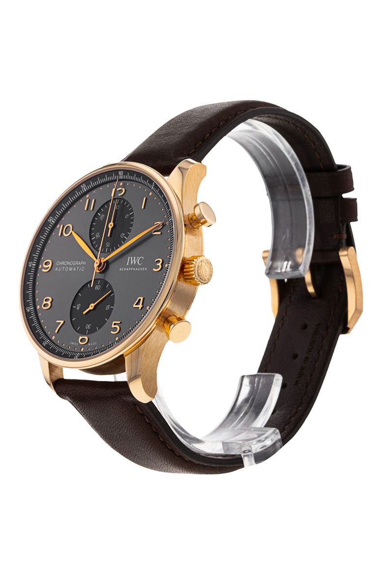 IWC 2022 Preowned Portugieser Leather Strap Chronograph Watch, 41mm, Alternate, color, BLACK/GREY