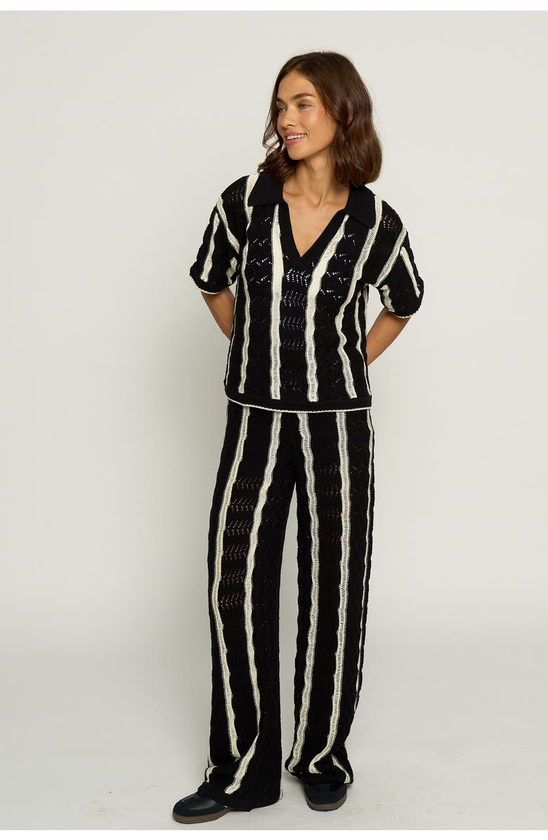 Central Park West Novelty Stitch Polo Pullover Top, Main, color, Black