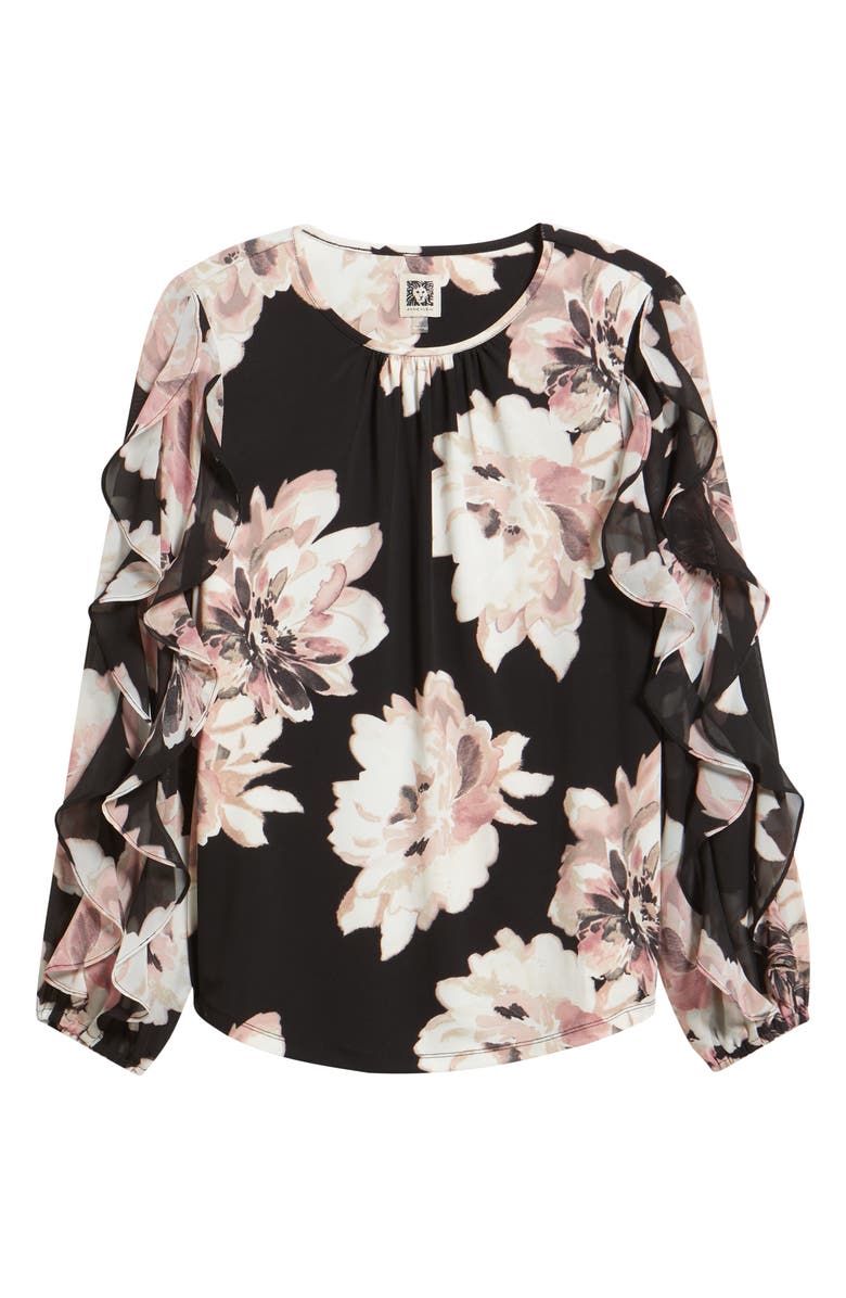 Anne Klein Ruffle Sleeve Floral Print Shirt, Alternate, color, Black Multi/ Black