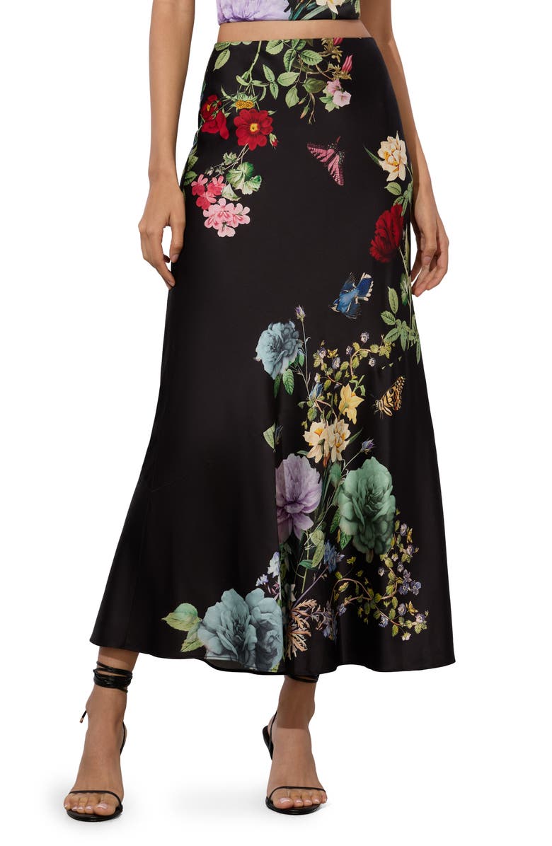 Alice + Olivia Terese Floral Satin Maxi Skirt, Main, color, 