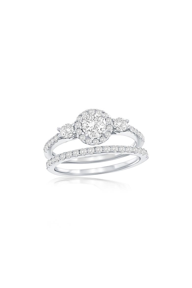 Set of 2 Round Cubic Zirconia Halo & Band Rings, Main, color, SILVER