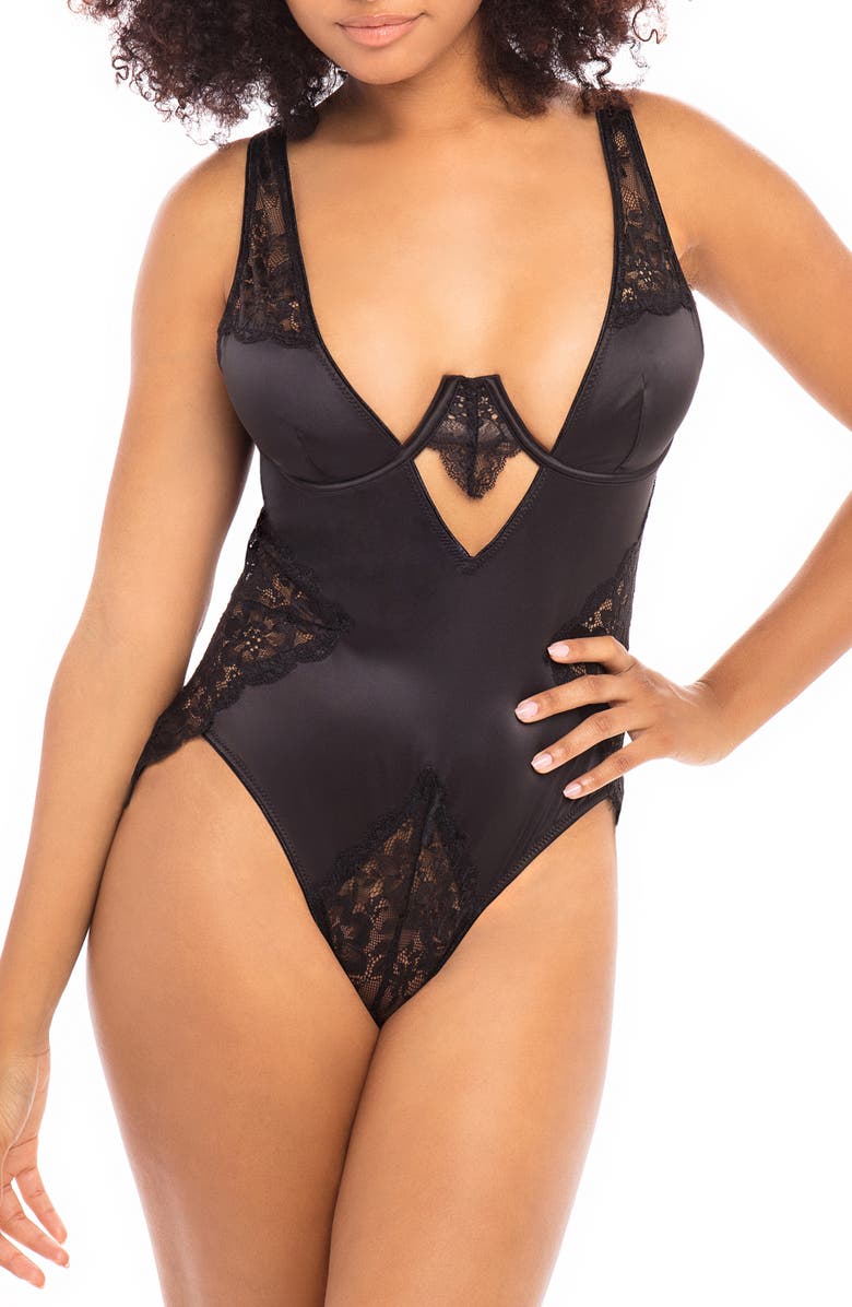 Oh La La Cheri Plunge Neck Underwire Teddy with Lace Insets, Main, color,