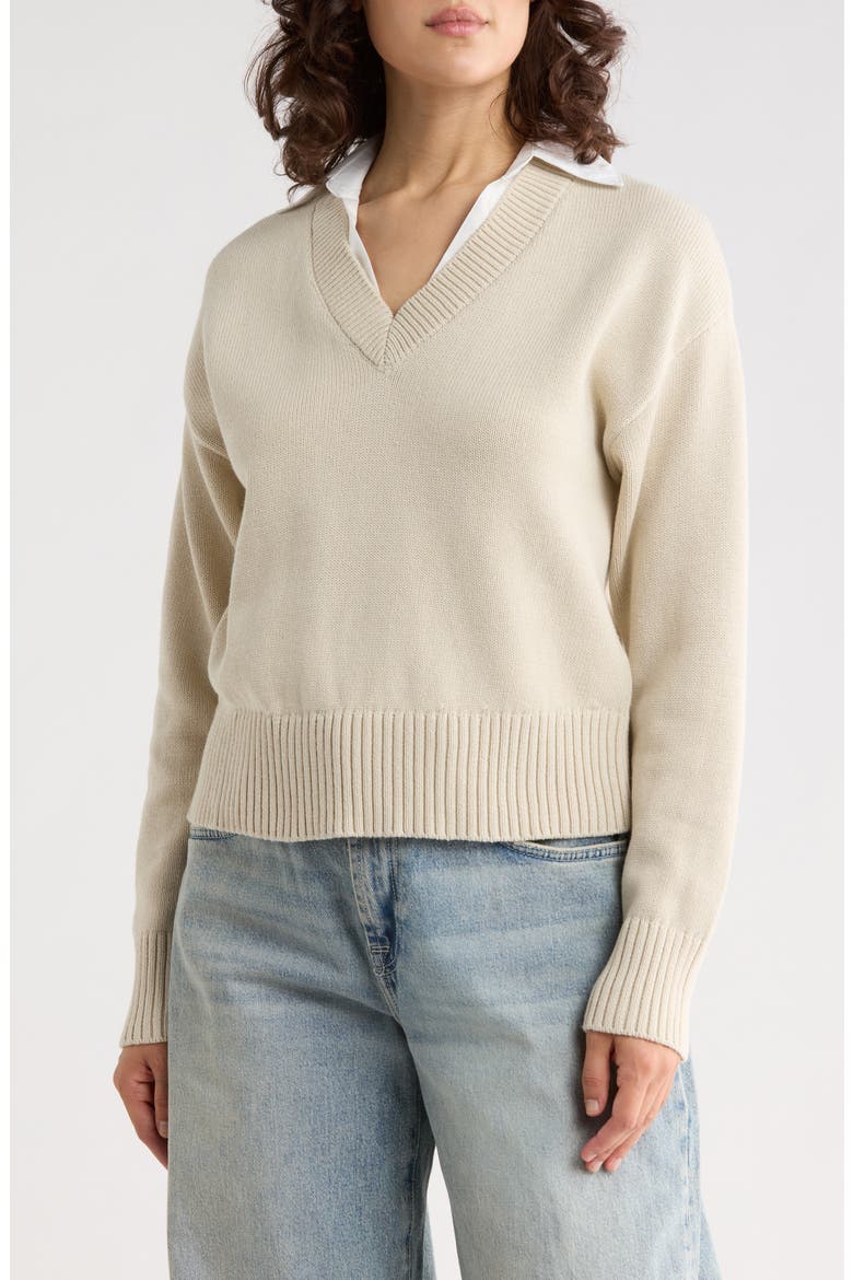 Isabella Contrast Collar Sweater, Main, color, OATMEAL/ LINEN WHITE