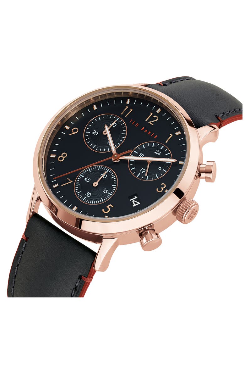 Cosmo Leather Strap Chronograph Watch, 40mm, Alternate, color, BLACK