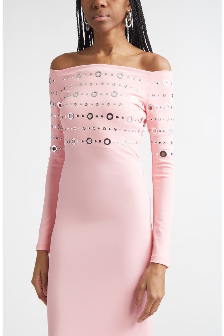 Embellished Off the Shoulder Long Sleeve Jersey Dress, Alternate, color, FLUO PINK
