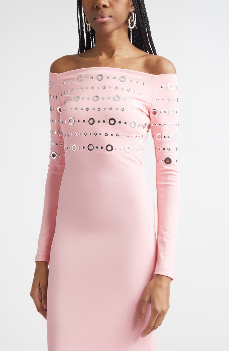 Rabanne Embellished Off the Shoulder Long Sleeve Jersey Dress, Alternate, color, Fluo Pink