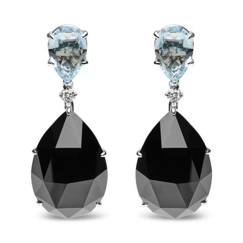 18K White Gold 1/5 Cttw Diamond with Blue Topaz & Onyx Gemstone Dangle Earring