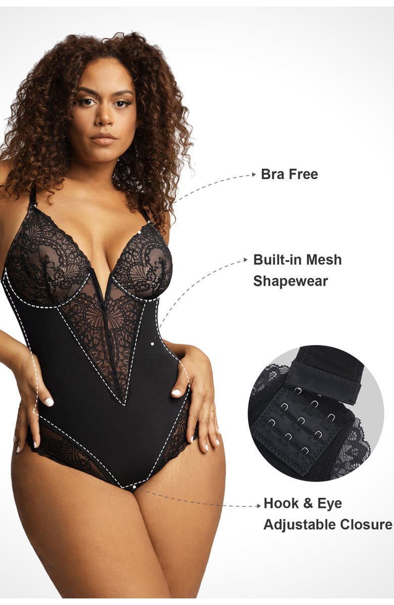 Popilush Plus Size Shapewear Lace Deep V-Neck Sculpting Thong Bodysuit, Alternate, color, Midnight Black