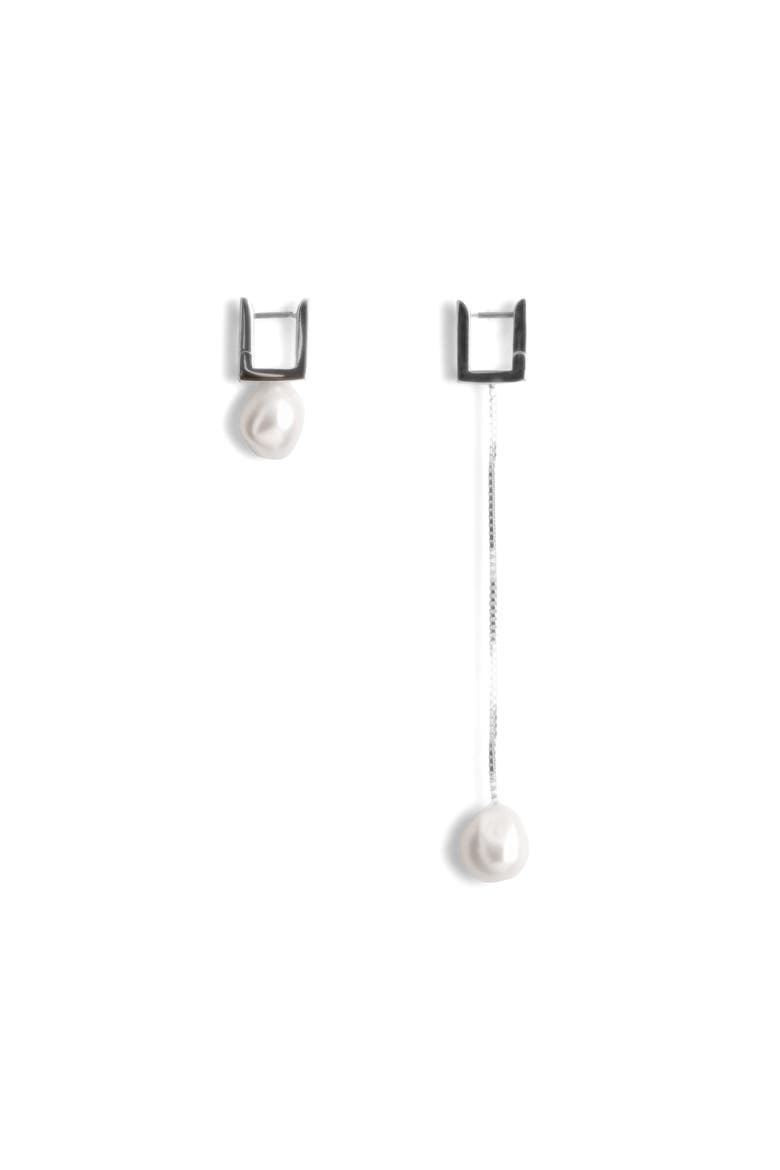 Mismatched Rectangular Pearl Drop Earrings, Main, color, SILVER
