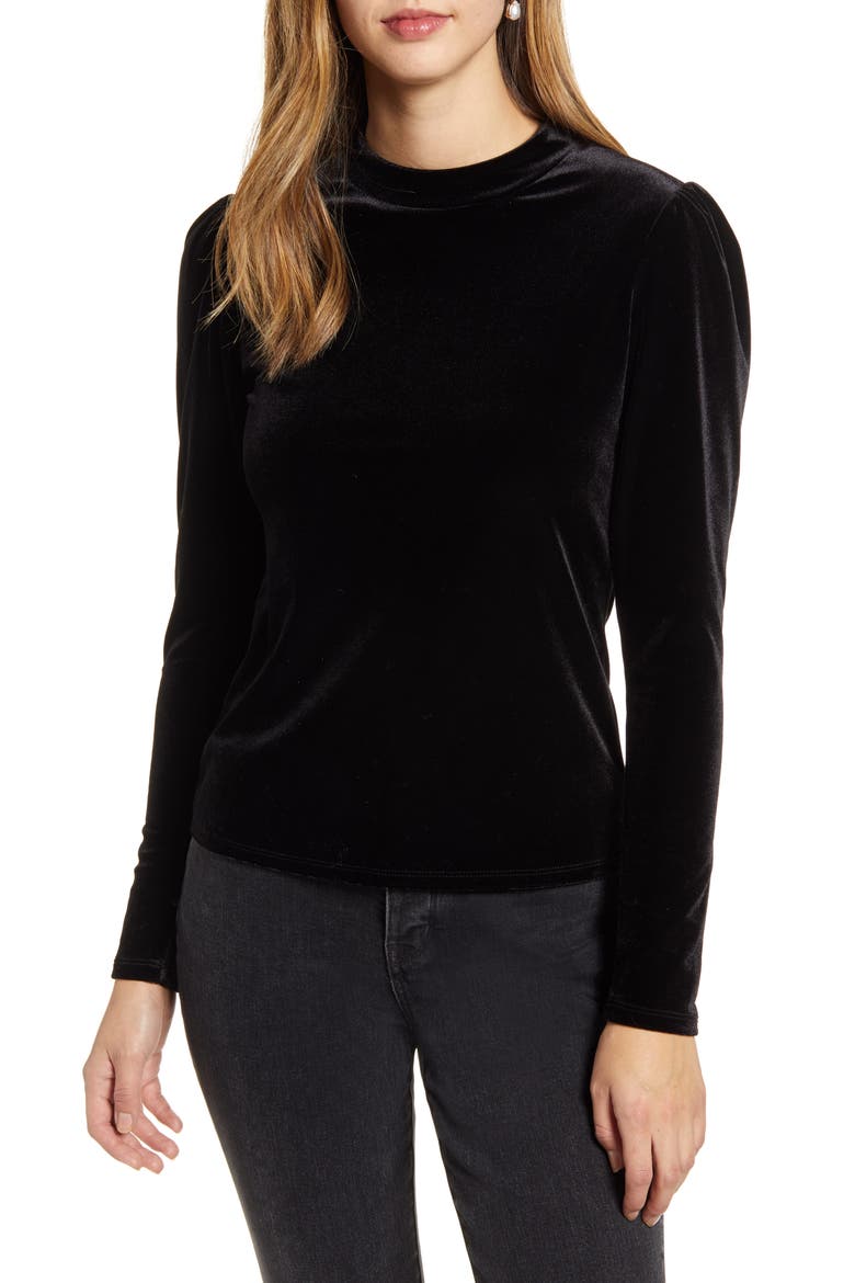 Puff Shoulder Velour Top, Main, color, BLACK